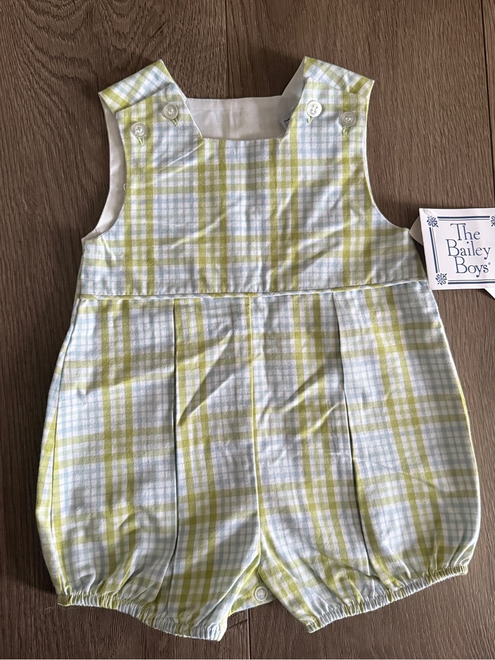 The Bailey Boys Green & White Plaid Baby Bubble Romper— 6 Month